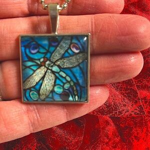 Necklace Dragonfly, 1” square charm on 23” chain. Blues & silver. domed New